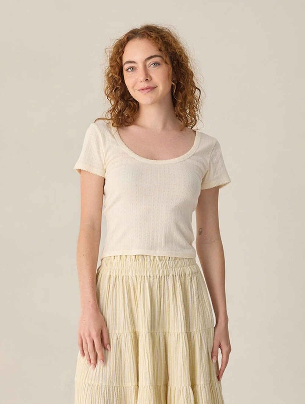 Rylee + Cru Pointelle Tee in Ivory - Large